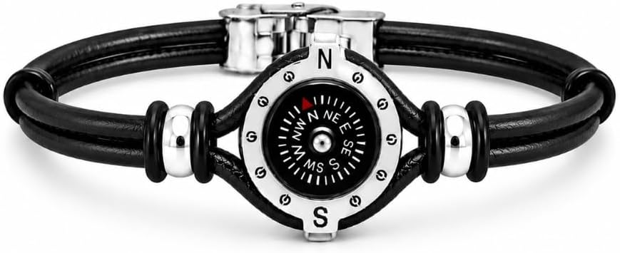 Bracciale Uomo con Bussola Ancora in Acciaio Inox e Pelle – Simbolo Nautico Marino – Idea Regalo Mare Estate – Braccialetto Elegante