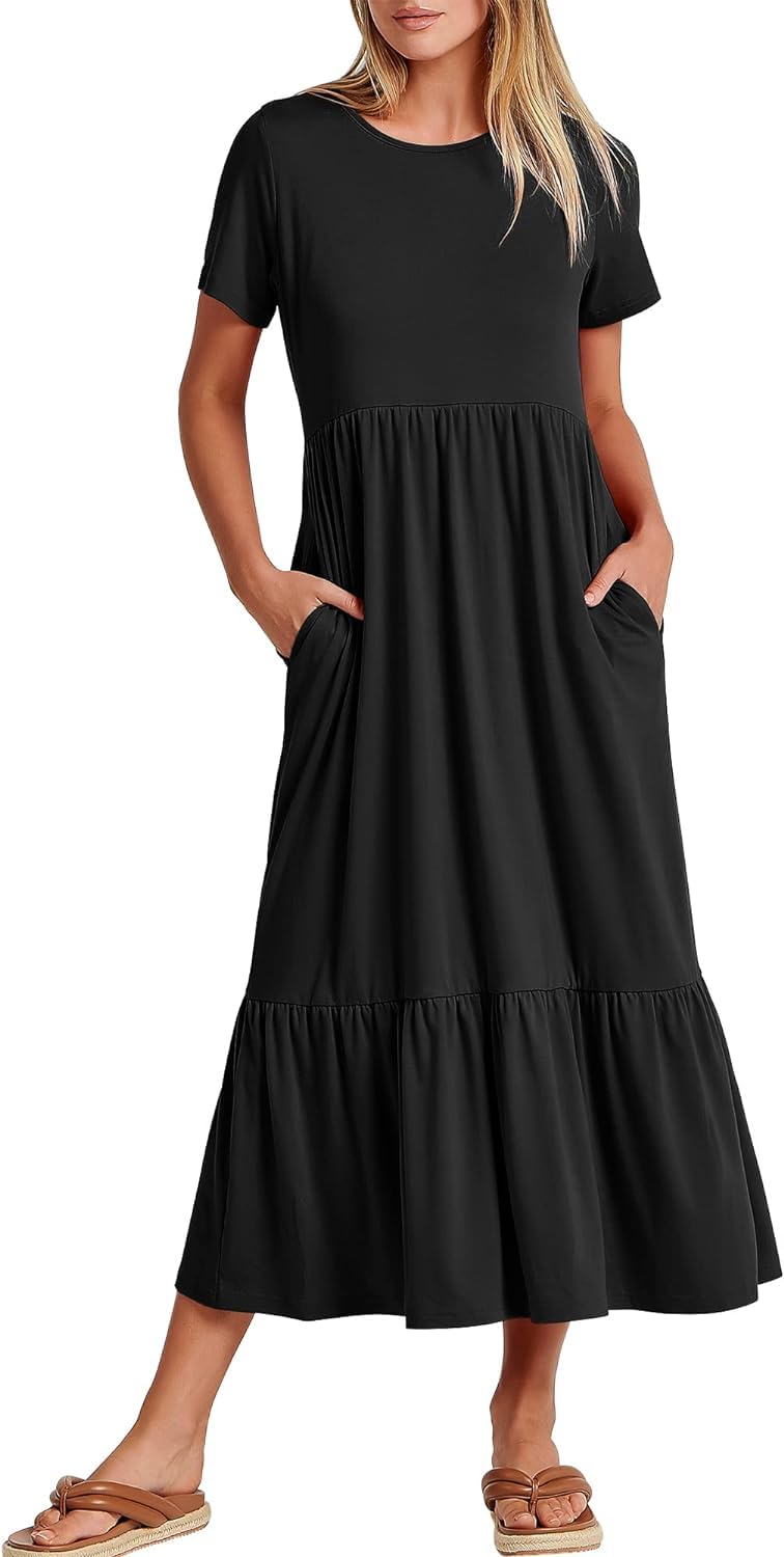 Maxi abito da spiaggia a strati fluente da donna - Abito estivo casual a maniche corte con tasche 2024 moda
