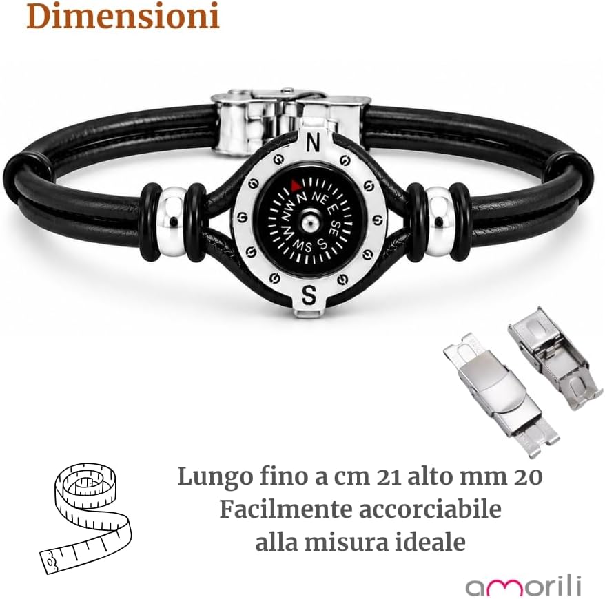 Bracciale Uomo con Bussola Ancora in Acciaio Inox e Pelle – Simbolo Nautico Marino – Idea Regalo Mare Estate – Braccialetto Elegante