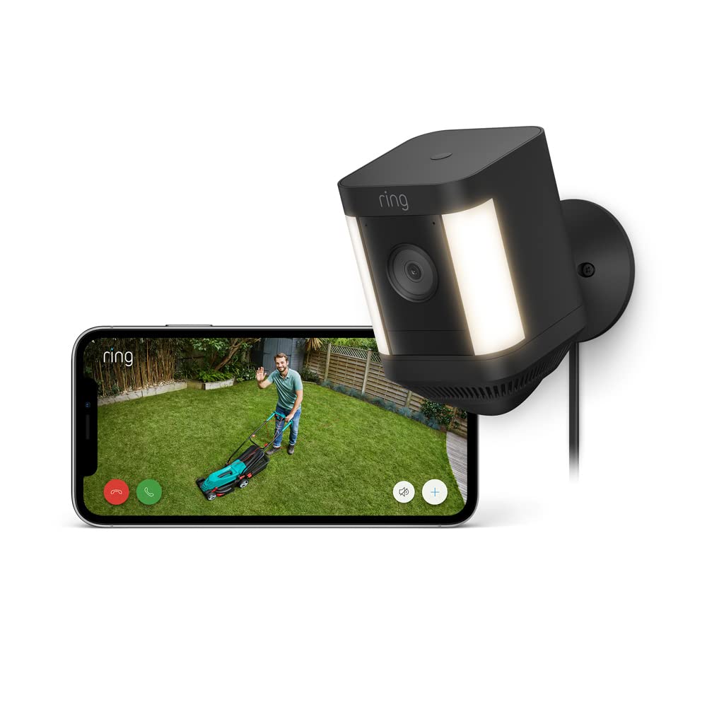 Ring videocamera Plus con faretti a batteria (Spotlight Cam Plus) | Telecamera di sorveglianza wifi per esterno con video HD 1080p, audio bidirezionale, fai-da-te | Ring Home: 30 gg. prova gratuita