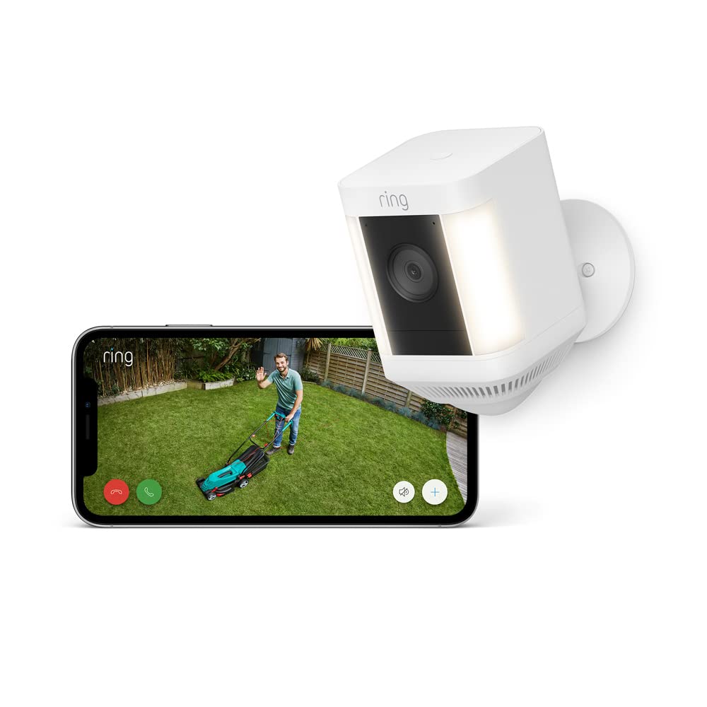 Ring videocamera Plus con faretti a batteria (Spotlight Cam Plus) | Telecamera di sorveglianza wifi per esterno con video HD 1080p, audio bidirezionale, fai-da-te | Ring Home: 30 gg. prova gratuita