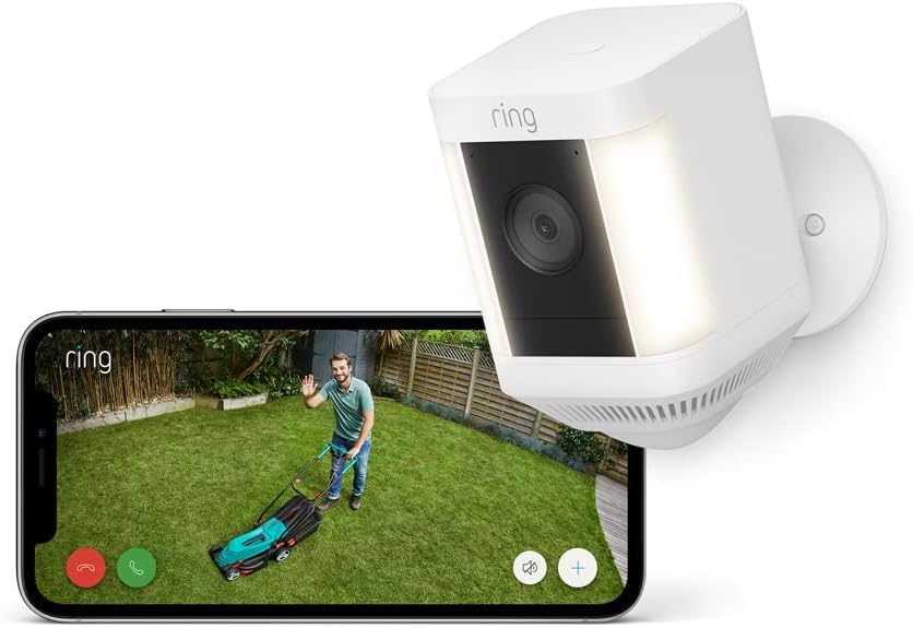 Ring videocamera Plus con faretti a batteria (Spotlight Cam Plus) | Telecamera di sorveglianza wifi per esterno con video HD 1080p, audio bidirezionale, fai-da-te | Ring Home: 30 gg. prova gratuita