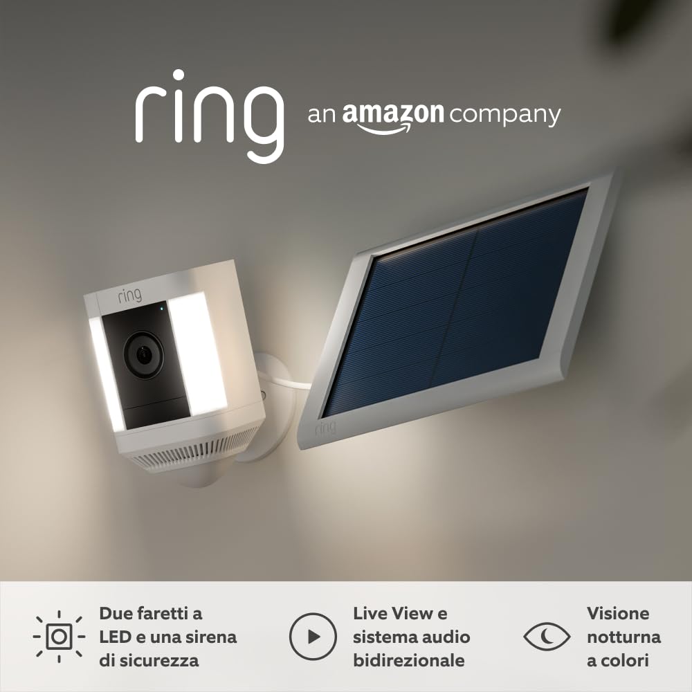 Ring videocamera Plus con faretti a batteria (Spotlight Cam Plus) | Telecamera di sorveglianza wifi per esterno con video HD 1080p, audio bidirezionale, fai-da-te | Ring Home: 30 gg. prova gratuita