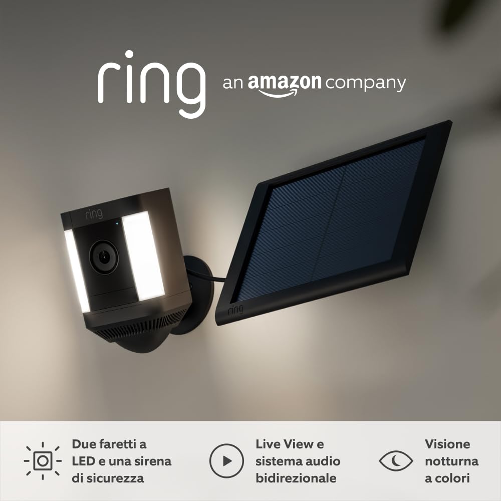 Ring videocamera Plus con faretti a batteria (Spotlight Cam Plus) | Telecamera di sorveglianza wifi per esterno con video HD 1080p, audio bidirezionale, fai-da-te | Ring Home: 30 gg. prova gratuita