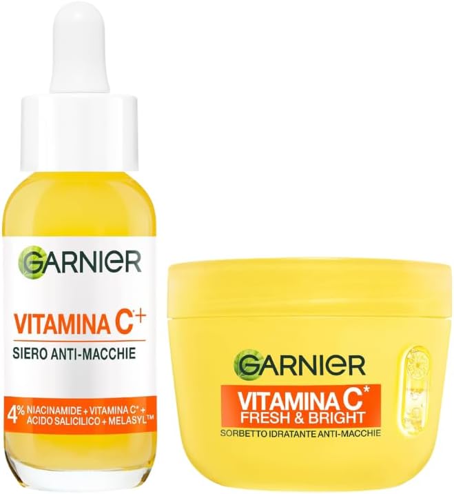 Garnier Routine Anti-Macchie: Siero Vitamina C Viso Potenziato con Niacinamide e Melasyl 30ml e Fresh & Bright Sorbetto Vitamina C Crema Viso Idratante Ultra Leggera 85ml