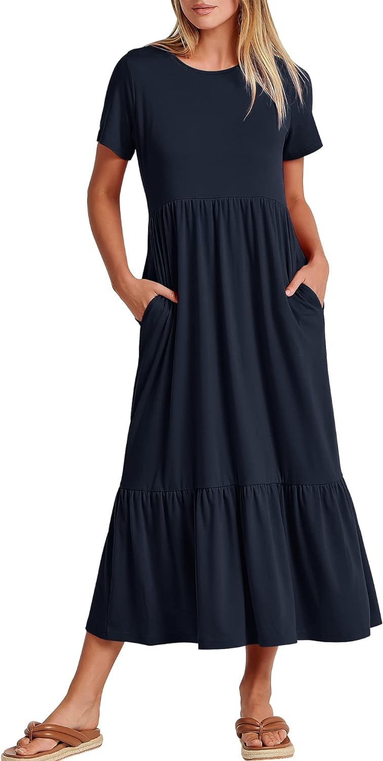 Maxi abito da spiaggia a strati fluente da donna - Abito estivo casual a maniche corte con tasche 2024 moda