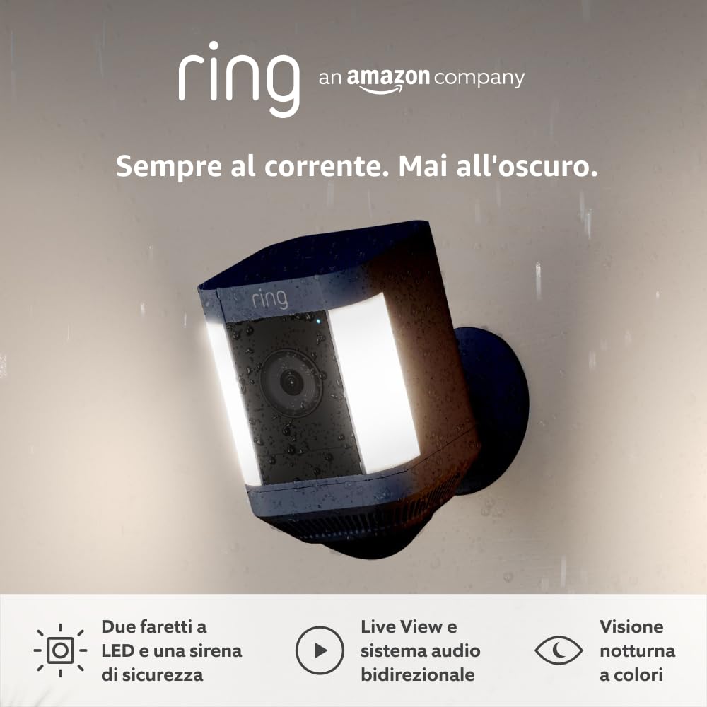 Ring videocamera Plus con faretti a batteria (Spotlight Cam Plus) | Telecamera di sorveglianza wifi per esterno con video HD 1080p, audio bidirezionale, fai-da-te | Ring Home: 30 gg. prova gratuita
