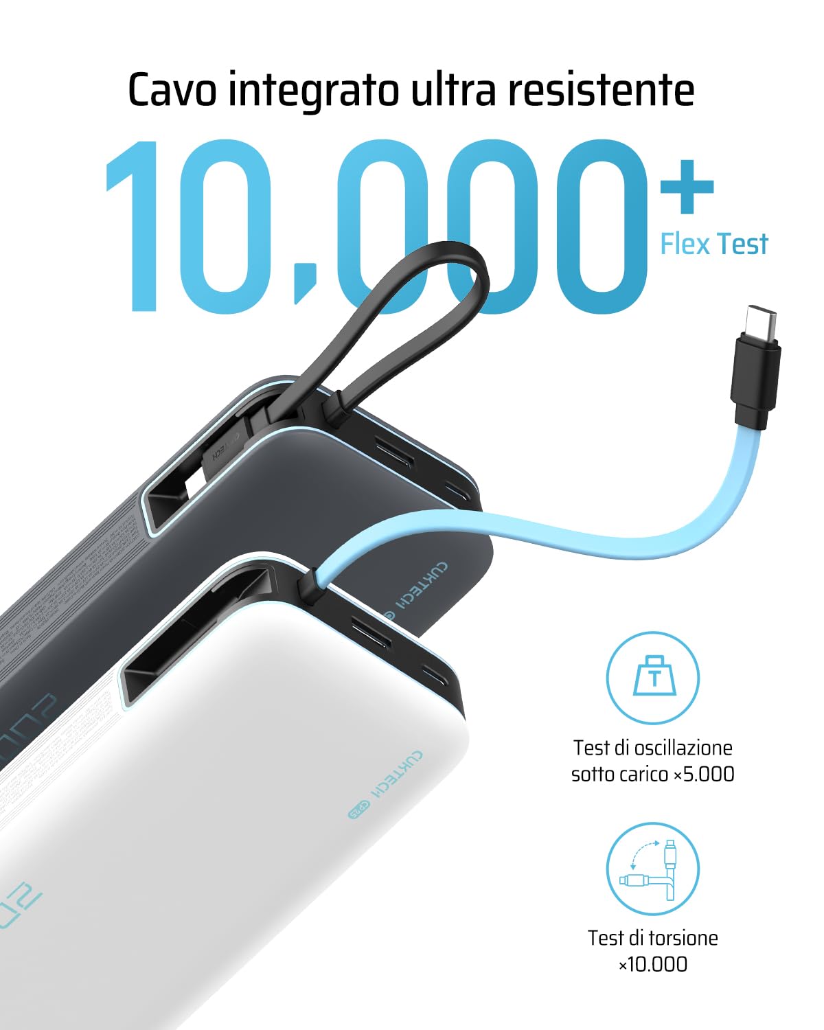 CUKTECH Power Bank 20000mAh,PD 45W Powerbank Caricabatterie Portatile con Cavo USB-C Incorporato,1 USB-C,1 USB-A,per iPhone, Galaxy, Xiaomi, MacBook e Altri