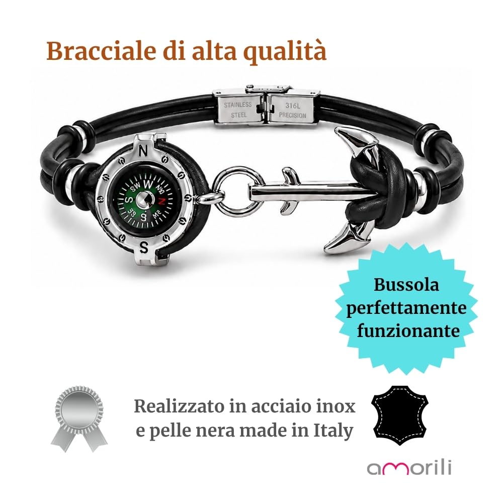 Bracciale Uomo con Bussola Ancora in Acciaio Inox e Pelle – Simbolo Nautico Marino – Idea Regalo Mare Estate – Braccialetto Elegante