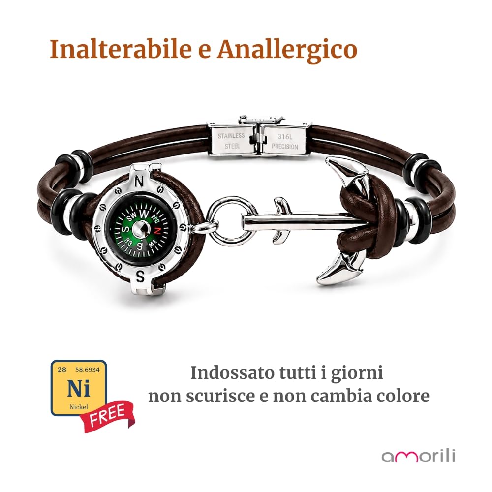Bracciale Uomo con Bussola Ancora in Acciaio Inox e Pelle – Simbolo Nautico Marino – Idea Regalo Mare Estate – Braccialetto Elegante