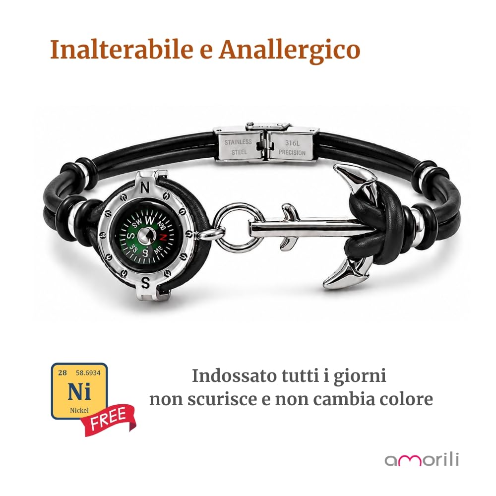 Bracciale Uomo con Bussola Ancora in Acciaio Inox e Pelle – Simbolo Nautico Marino – Idea Regalo Mare Estate – Braccialetto Elegante