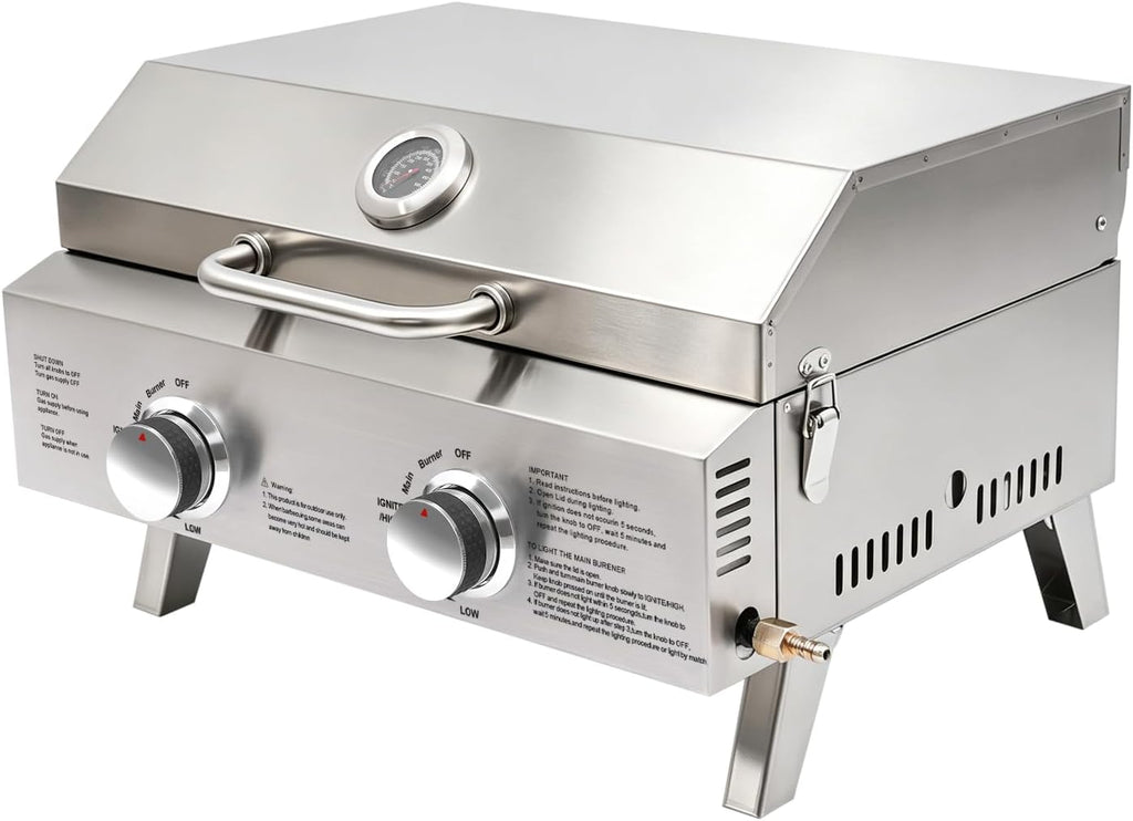 Barbecue a gas da tavolo a 2 bruciatori in acciaio inox, barbecue a gas portatile con termometro, accensione piezoelettrica, piedini pieghevoli per balcone, giardino, campeggio, barbecue, picnic