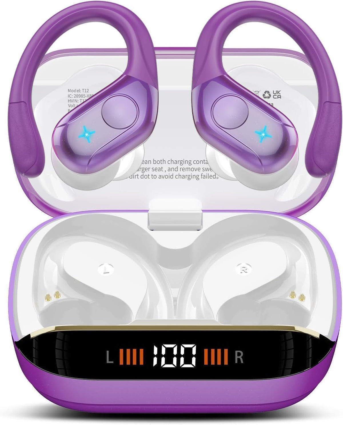 Qecnato Cuffie Bluetooth Senza Fili, Auricolari Bluetooth 5.4 con Stereo HiFi, 75 Ore, Auricolari con 4 ENC Mic, Display LED, IP7 impermeabili Cuffiette Wireless per Jogging, Lavoro, Nero