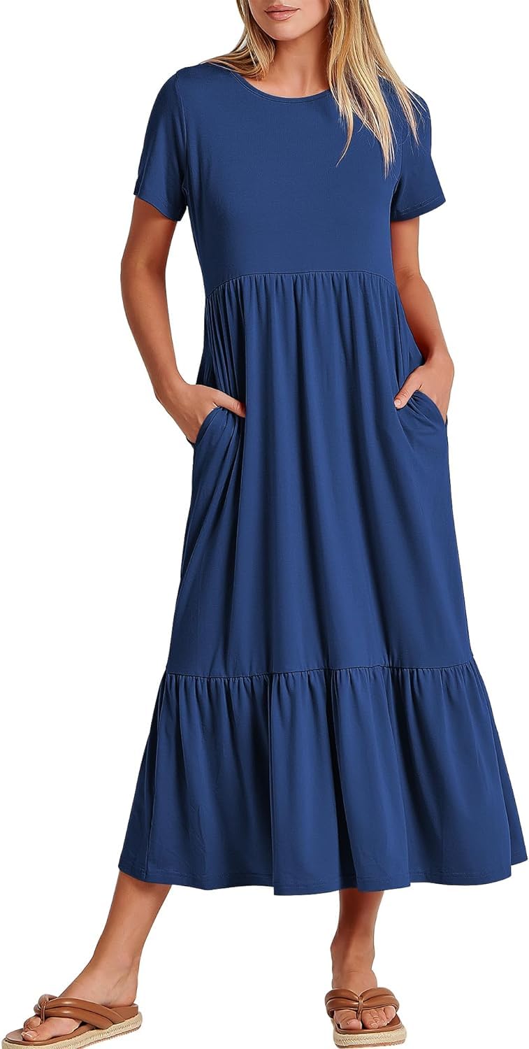 Maxi abito da spiaggia a strati fluente da donna - Abito estivo casual a maniche corte con tasche 2024 moda