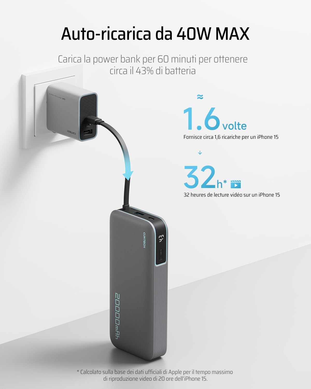 CUKTECH Power Bank 20000mAh,PD 45W Powerbank Caricabatterie Portatile con Cavo USB-C Incorporato,1 USB-C,1 USB-A,per iPhone, Galaxy, Xiaomi, MacBook e Altri