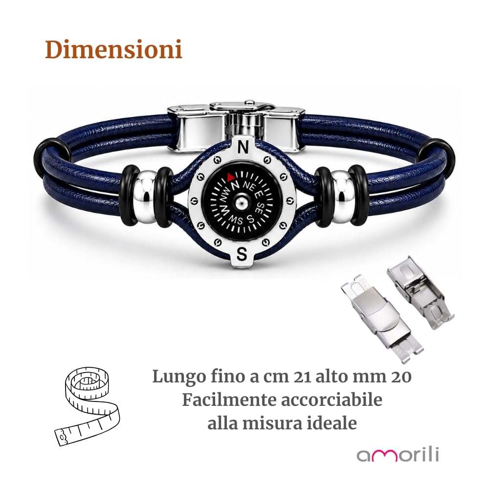 Bracciale Uomo con Bussola Ancora in Acciaio Inox e Pelle – Simbolo Nautico Marino – Idea Regalo Mare Estate – Braccialetto Elegante