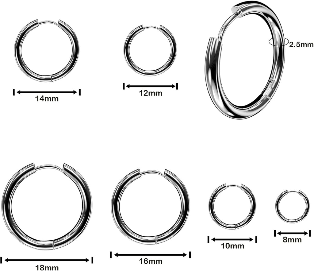 6 Paia Orecchini Acciaio Inossidabile di Orecchini Cerchio Piccoli per Uomini e Donne Ipoallergenici Set di Orecchini 8-18 mm (argento)
