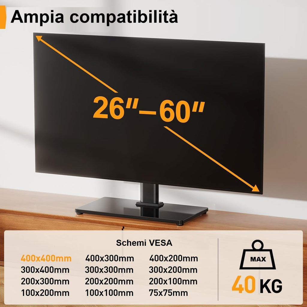 Supporto Girevole da Tavolo per TV da 26-60 Pollici - Piedistallo per TV Regolabile in Altezza con Base in Vetro Temperato, VESA Max 400x400mm, Fino a 40 kg