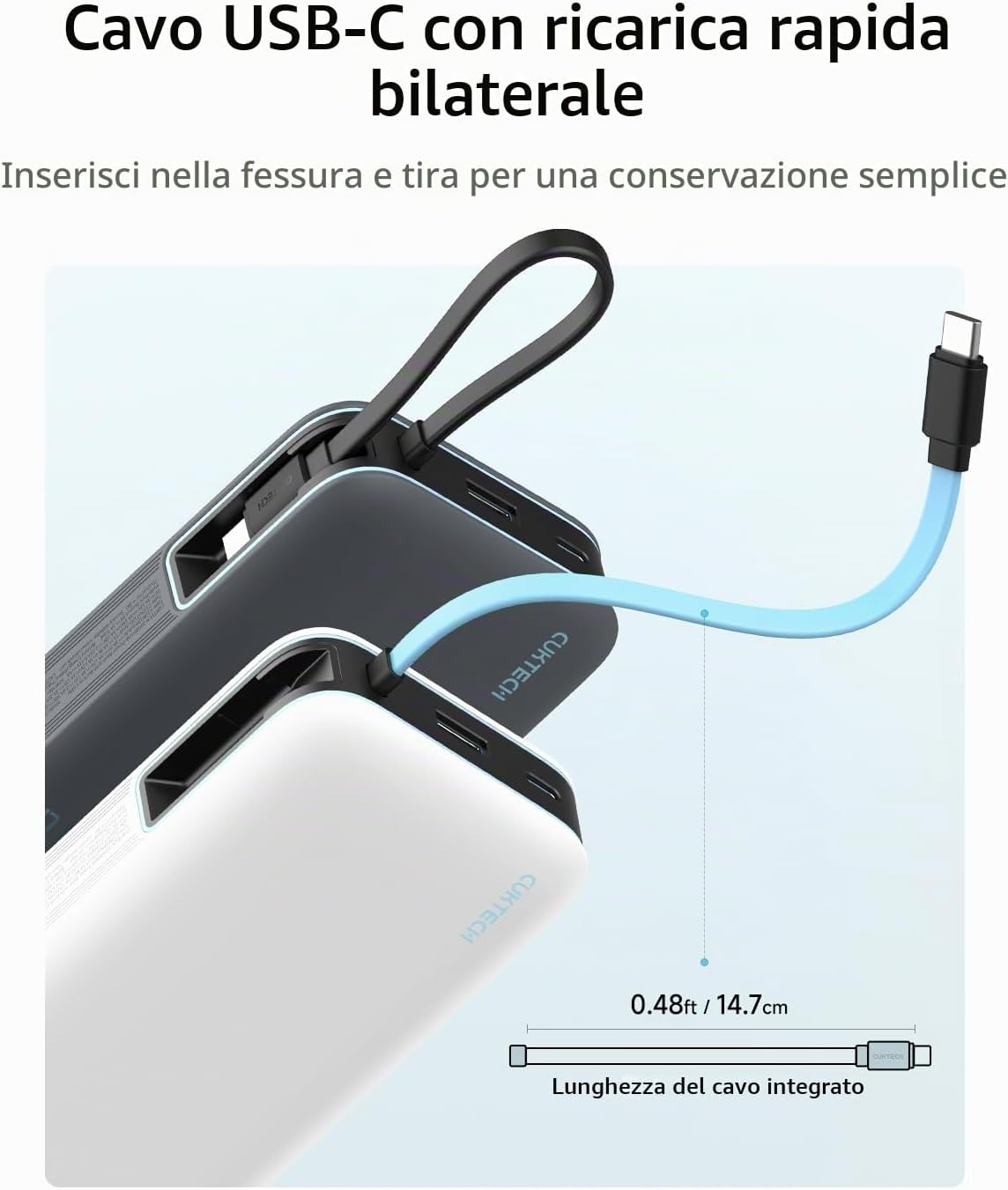 CUKTECH Power Bank 20000mAh,PD 45W Powerbank Caricabatterie Portatile con Cavo USB-C Incorporato,1 USB-C,1 USB-A,per iPhone, Galaxy, Xiaomi, MacBook e Altri