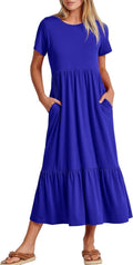 Maxi abito da spiaggia a strati fluente da donna - Abito estivo casual a maniche corte con tasche 2024 moda