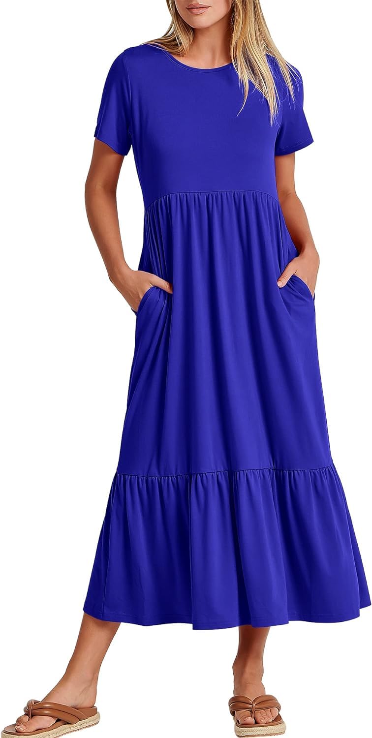 Maxi abito da spiaggia a strati fluente da donna - Abito estivo casual a maniche corte con tasche 2024 moda