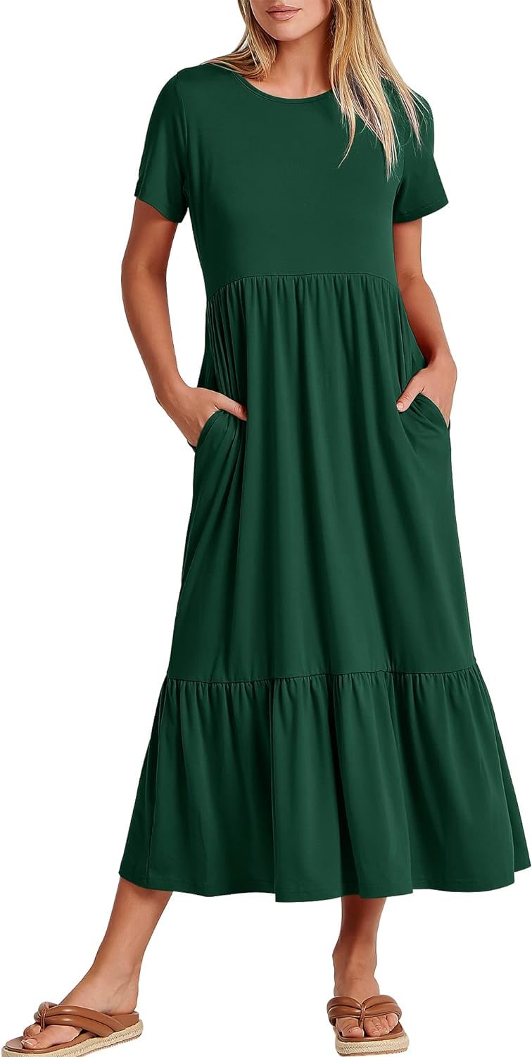 Maxi abito da spiaggia a strati fluente da donna - Abito estivo casual a maniche corte con tasche 2024 moda