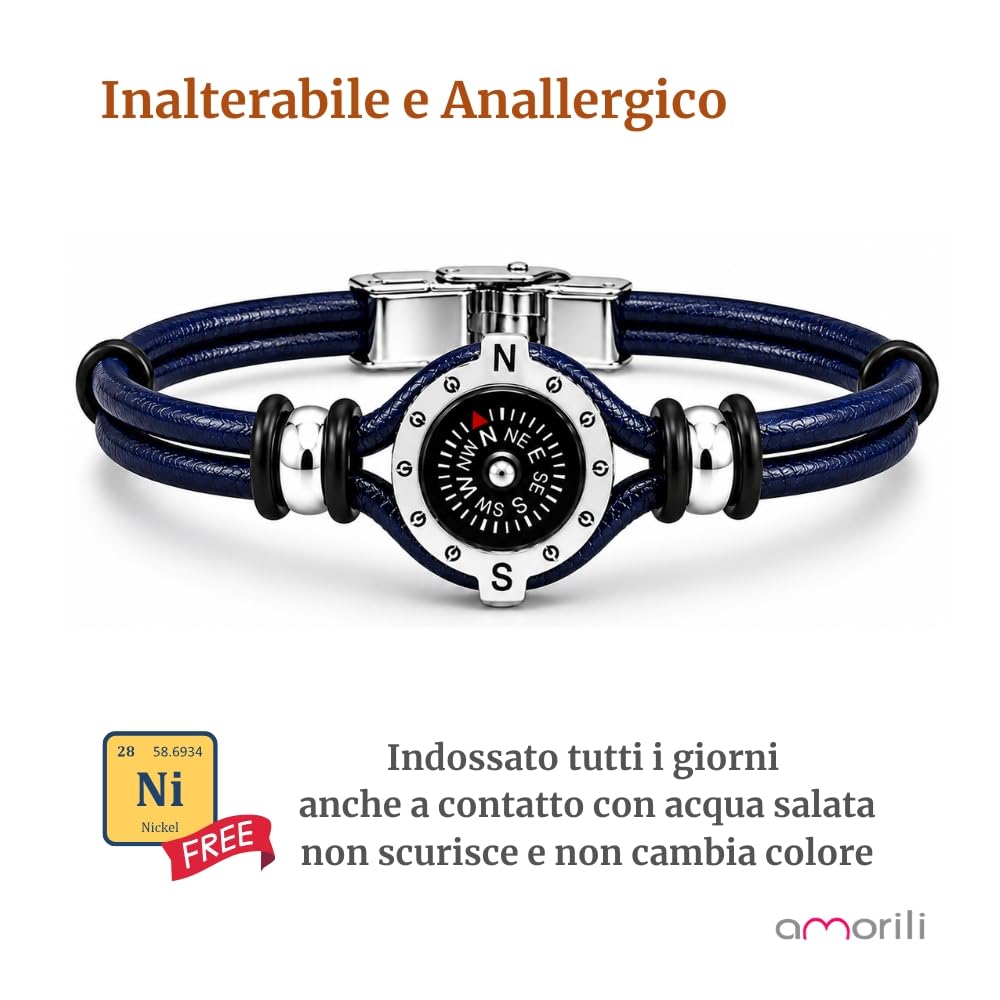 Bracciale Uomo con Bussola Ancora in Acciaio Inox e Pelle – Simbolo Nautico Marino – Idea Regalo Mare Estate – Braccialetto Elegante
