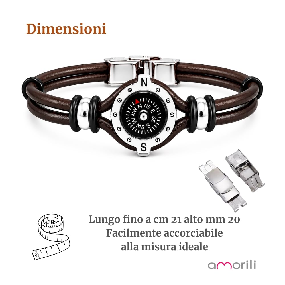 Bracciale Uomo con Bussola Ancora in Acciaio Inox e Pelle – Simbolo Nautico Marino – Idea Regalo Mare Estate – Braccialetto Elegante