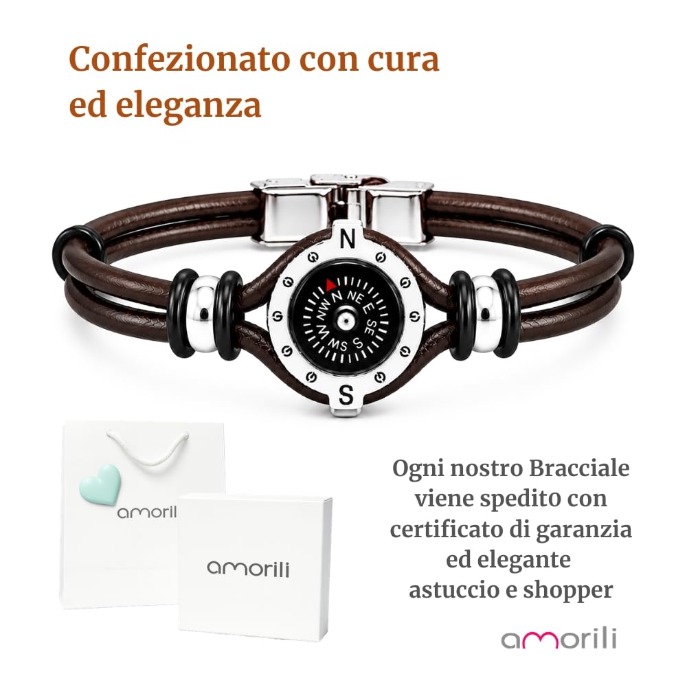 Bracciale Uomo con Bussola Ancora in Acciaio Inox e Pelle – Simbolo Nautico Marino – Idea Regalo Mare Estate – Braccialetto Elegante
