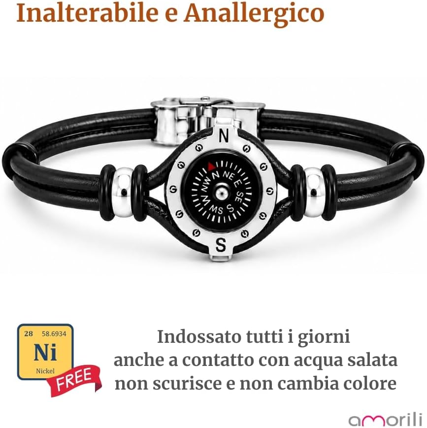 Bracciale Uomo con Bussola Ancora in Acciaio Inox e Pelle – Simbolo Nautico Marino – Idea Regalo Mare Estate – Braccialetto Elegante