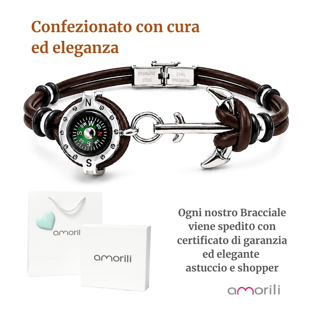Bracciale Uomo con Bussola Ancora in Acciaio Inox e Pelle – Simbolo Nautico Marino – Idea Regalo Mare Estate – Braccialetto Elegante