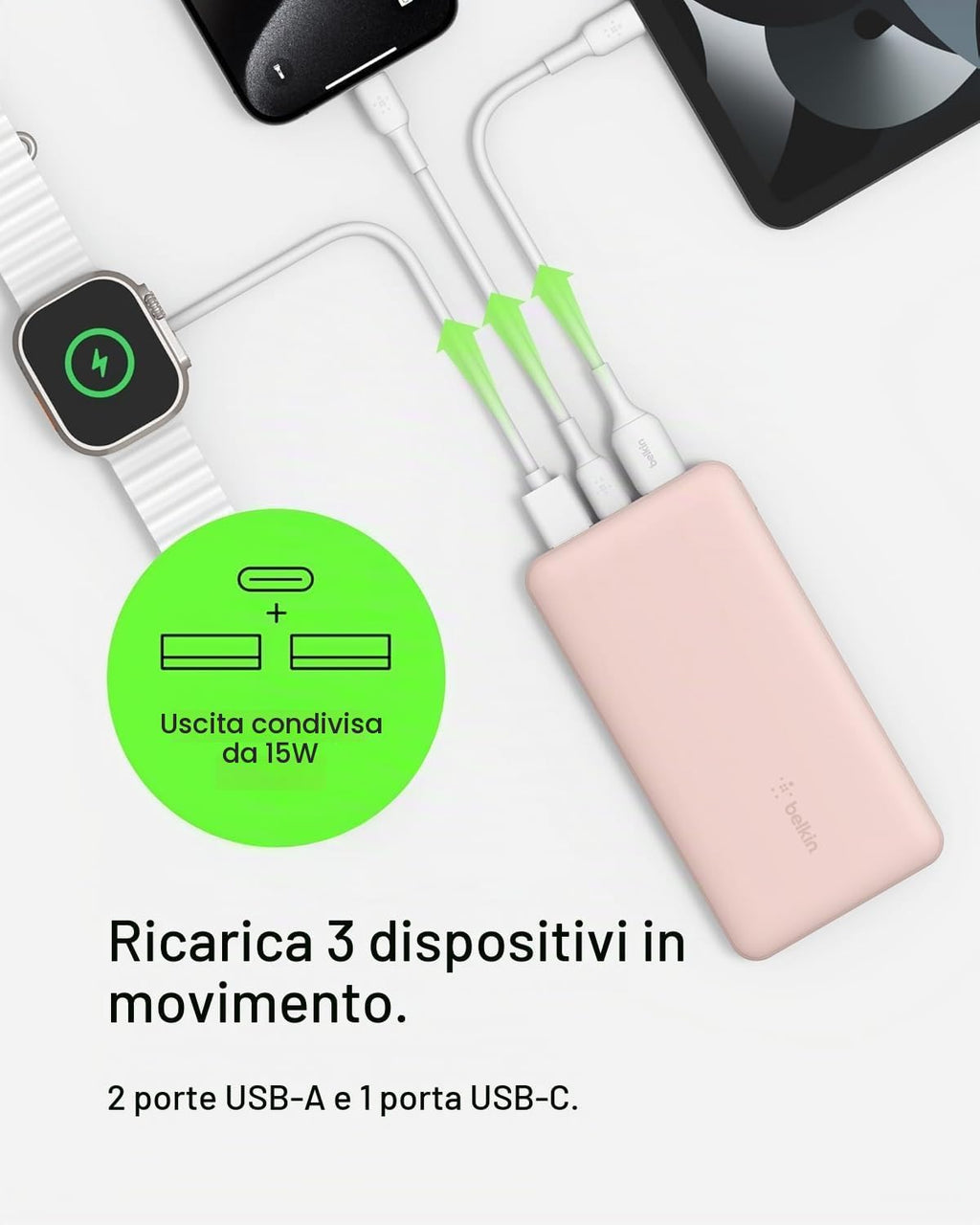 Belkin BoostCharge Power Bank 10000mAh con Porte USB-C e USB-A - Rosa