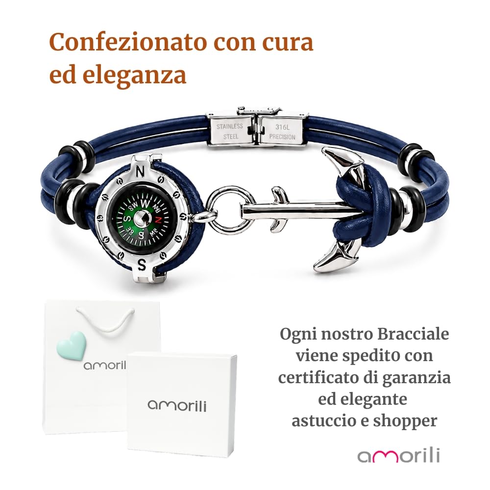 Bracciale Uomo con Bussola Ancora in Acciaio Inox e Pelle – Simbolo Nautico Marino – Idea Regalo Mare Estate – Braccialetto Elegante