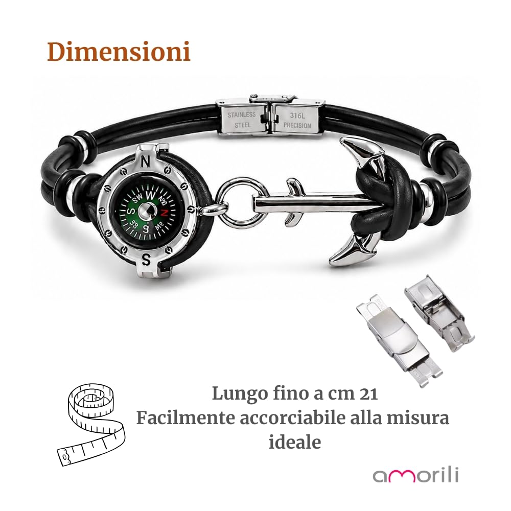 Bracciale Uomo con Bussola Ancora in Acciaio Inox e Pelle – Simbolo Nautico Marino – Idea Regalo Mare Estate – Braccialetto Elegante