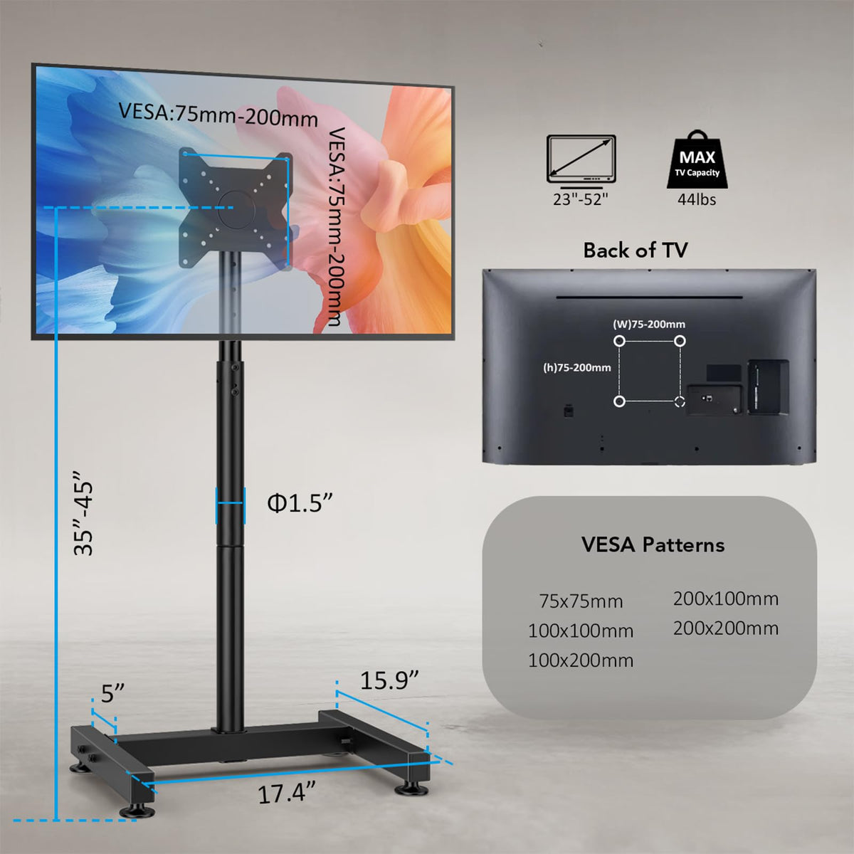 Supporto TV da Pavimento per Schermi Plasma/LCD/LED 23-60 Pollici con Ruote, Carrello Staffa Porta Mobile Supporto TV Fino a 40 kg, Max VESA 400 x 400 mm