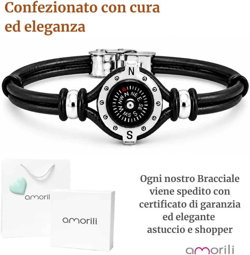 Bracciale Uomo con Bussola Ancora in Acciaio Inox e Pelle – Simbolo Nautico Marino – Idea Regalo Mare Estate – Braccialetto Elegante