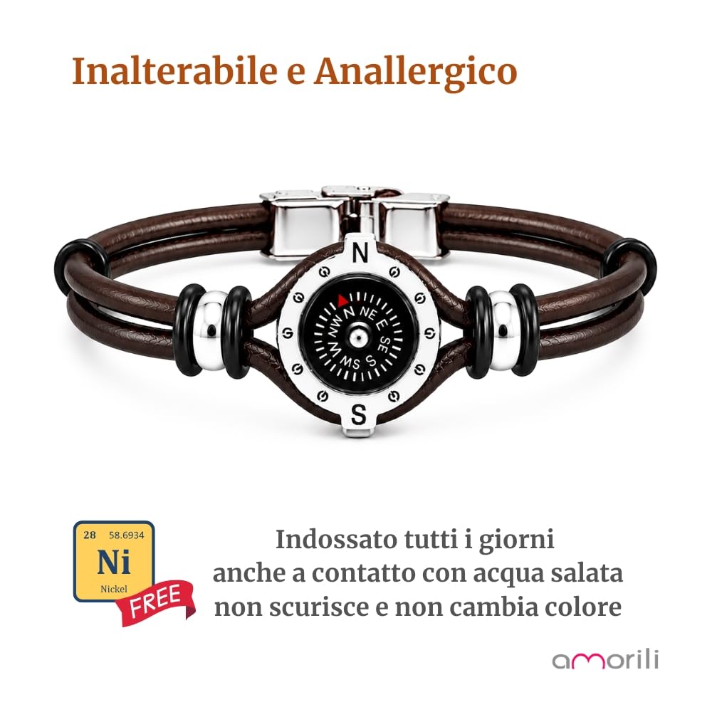 Bracciale Uomo con Bussola Ancora in Acciaio Inox e Pelle – Simbolo Nautico Marino – Idea Regalo Mare Estate – Braccialetto Elegante