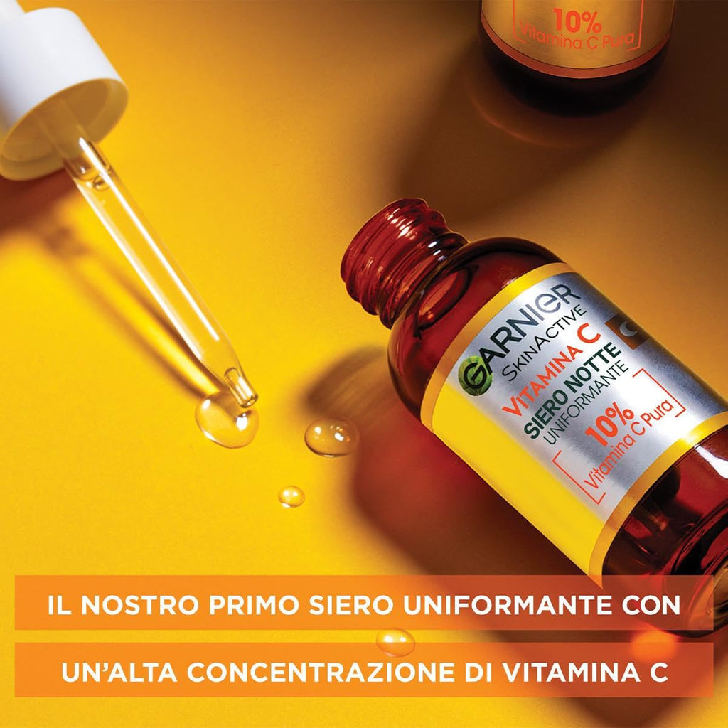 Garnier Siero Viso Vitamina C Anti-Macchie, Illuminante e Rimpolpante, Arricchito con Vitamina C, Niacinamide e Acido Salicilico, Pelle Libera dalle Macchie Scure in 6 Giorni, Incarnato Luminoso, 30ml