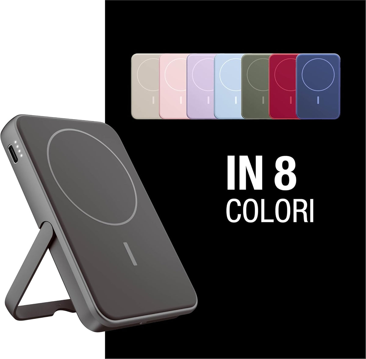 Fresh 'n Rebel Powerbank Magnetico Senza Fili 5000mAh, compatibile con MagSafe, Ricarica Rapida PD 20W, porta USB-C (in/Out), per iPhone 17/16/15/14/13/12, Portatile, con Supporto (Storm Grey)