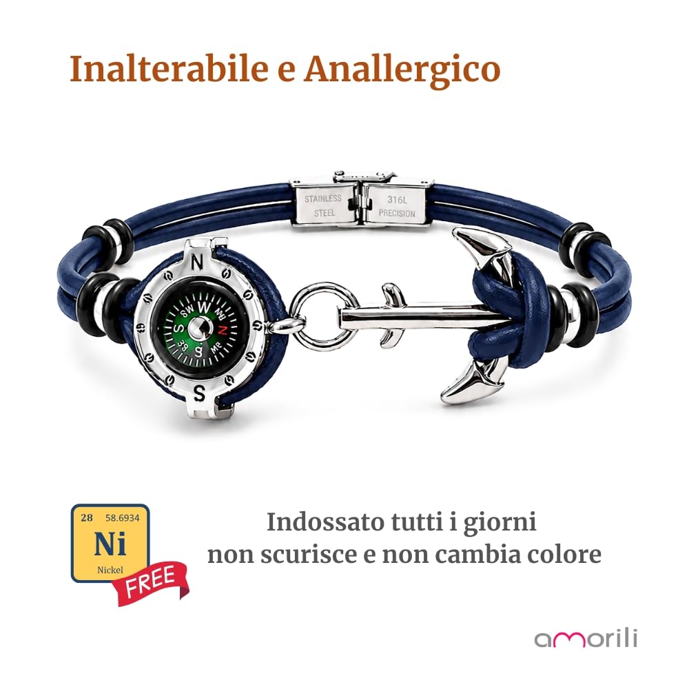 Bracciale Uomo con Bussola Ancora in Acciaio Inox e Pelle – Simbolo Nautico Marino – Idea Regalo Mare Estate – Braccialetto Elegante
