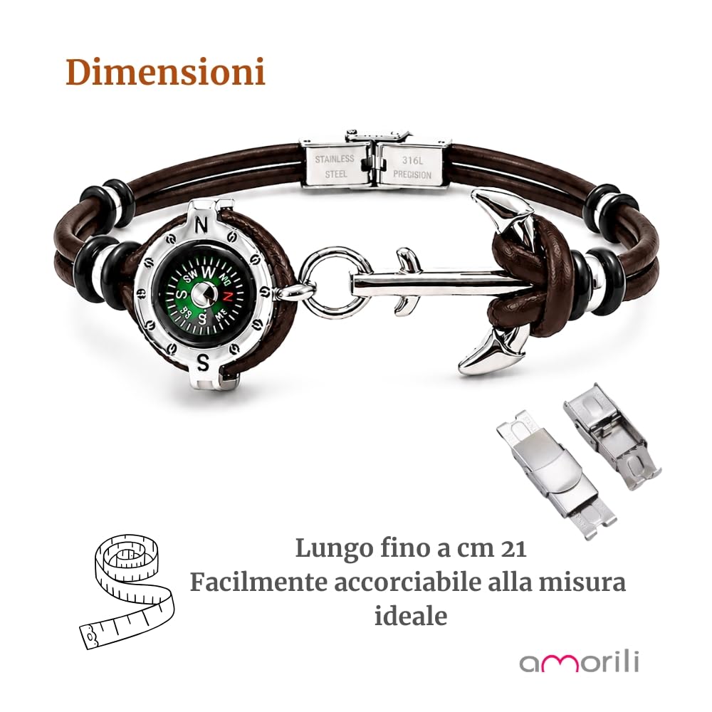 Bracciale Uomo con Bussola Ancora in Acciaio Inox e Pelle – Simbolo Nautico Marino – Idea Regalo Mare Estate – Braccialetto Elegante