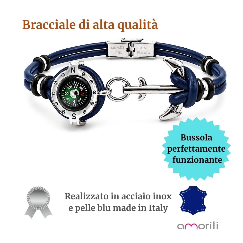 Bracciale Uomo con Bussola Ancora in Acciaio Inox e Pelle – Simbolo Nautico Marino – Idea Regalo Mare Estate – Braccialetto Elegante