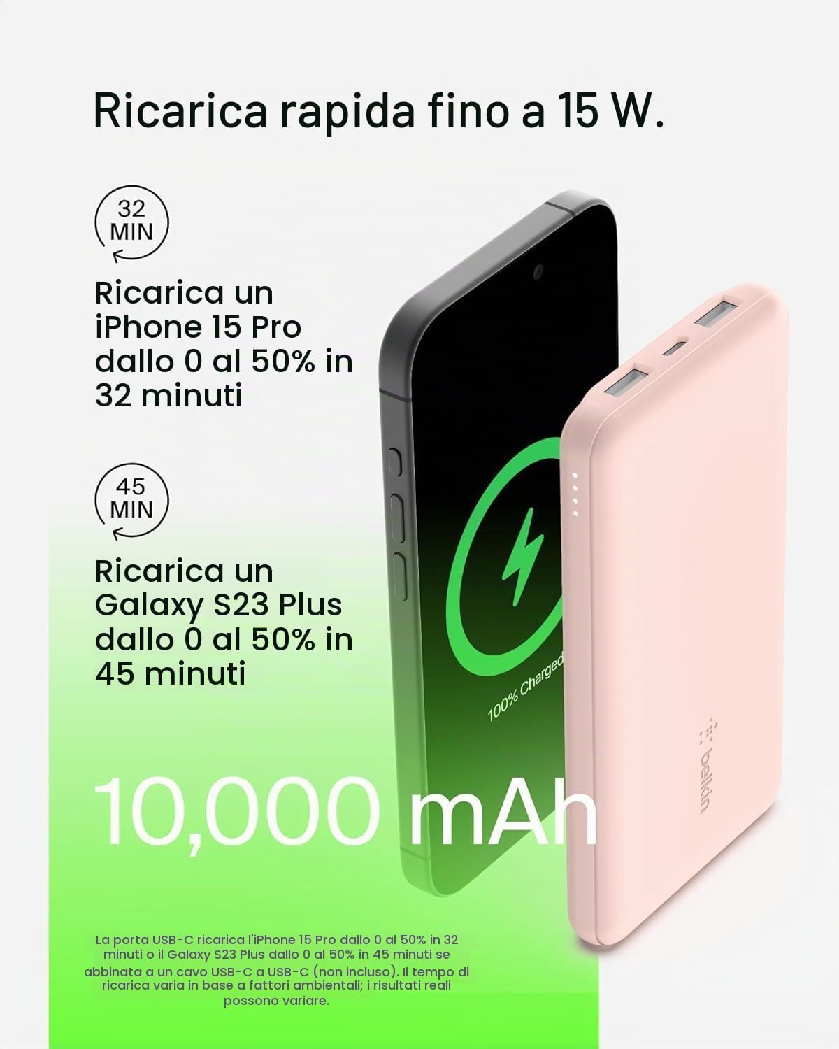 Belkin BoostCharge Power Bank 10000mAh con Porte USB-C e USB-A - Rosa