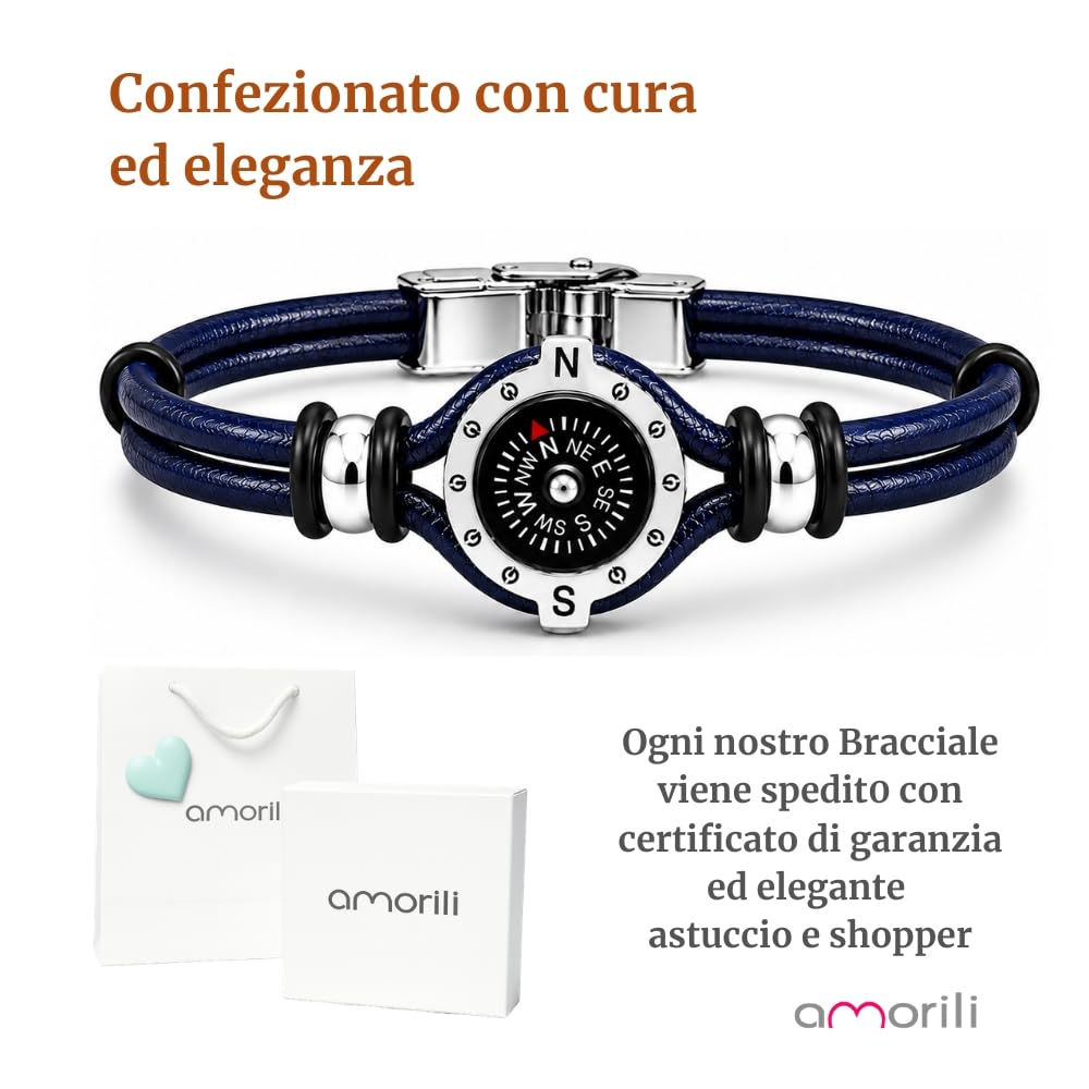 Bracciale Uomo con Bussola Ancora in Acciaio Inox e Pelle – Simbolo Nautico Marino – Idea Regalo Mare Estate – Braccialetto Elegante