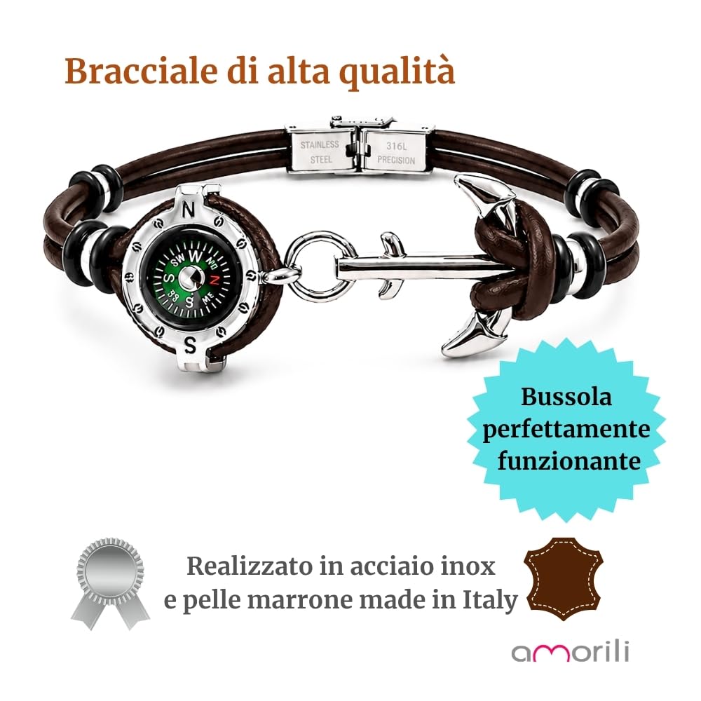 Bracciale Uomo con Bussola Ancora in Acciaio Inox e Pelle – Simbolo Nautico Marino – Idea Regalo Mare Estate – Braccialetto Elegante