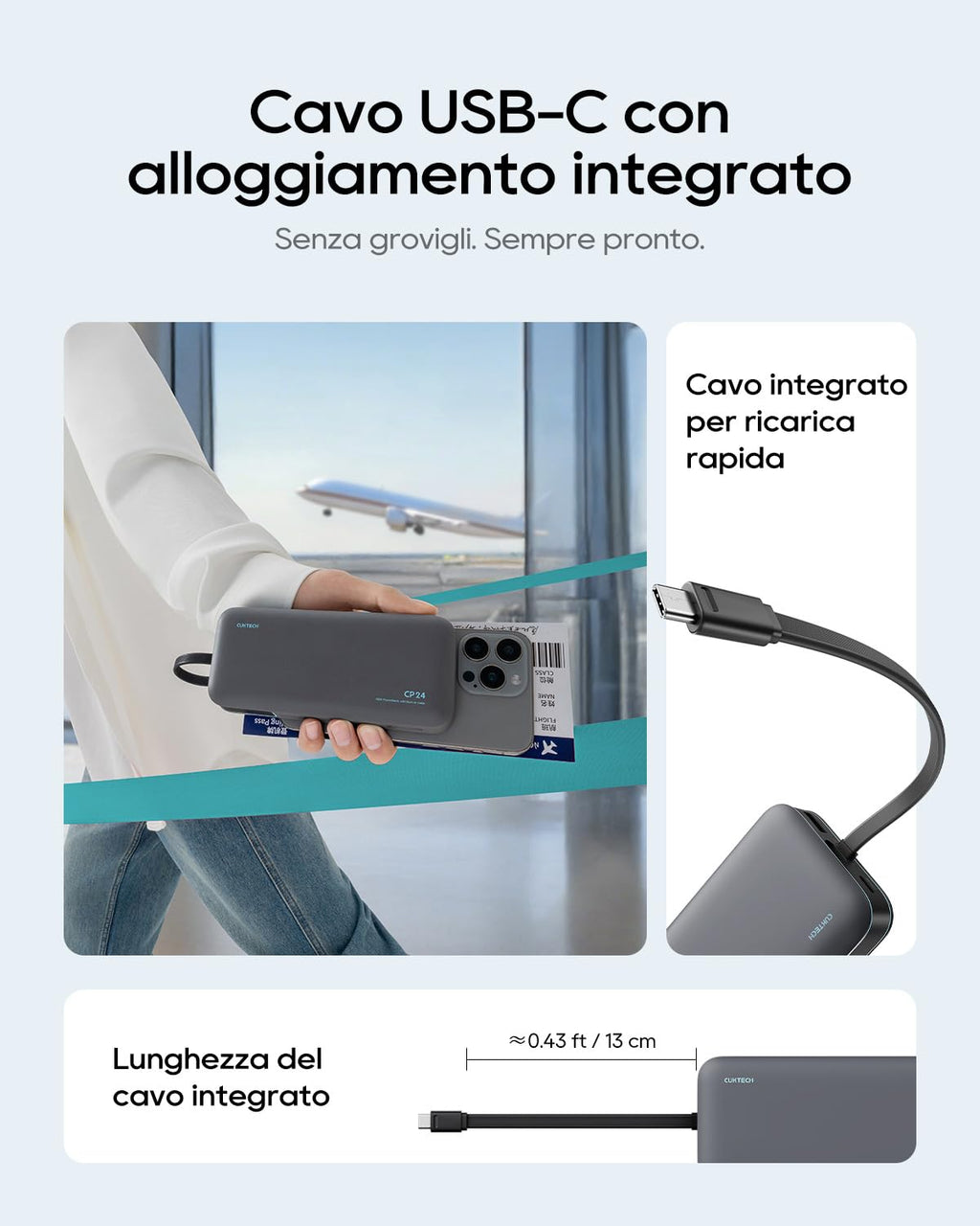 CUKTECH Power Bank 20000mAh,PD 45W Powerbank Caricabatterie Portatile con Cavo USB-C Incorporato,1 USB-C,1 USB-A,per iPhone, Galaxy, Xiaomi, MacBook e Altri