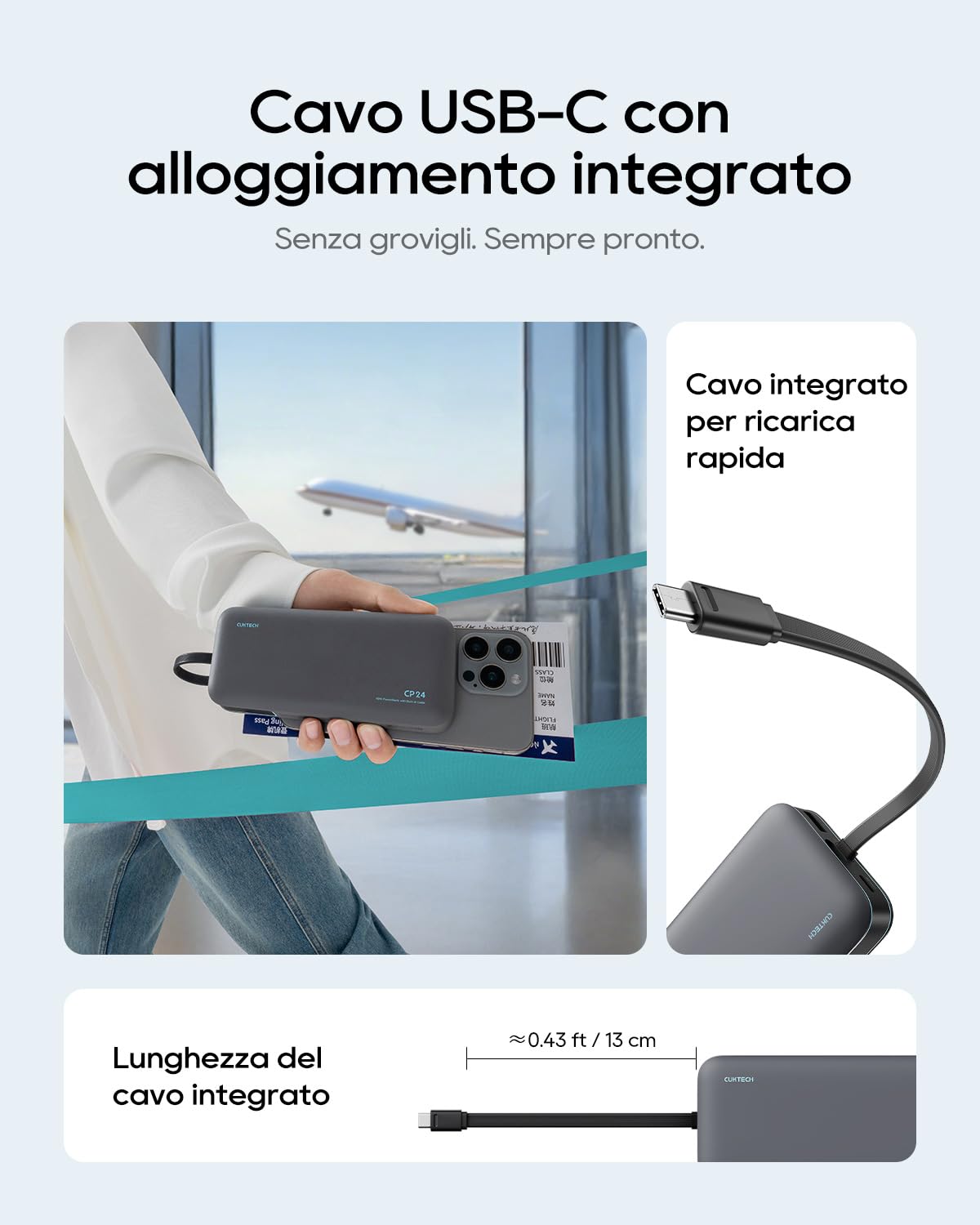 CUKTECH Power Bank 20000mAh,PD 45W Powerbank Caricabatterie Portatile con Cavo USB-C Incorporato,1 USB-C,1 USB-A,per iPhone, Galaxy, Xiaomi, MacBook e Altri