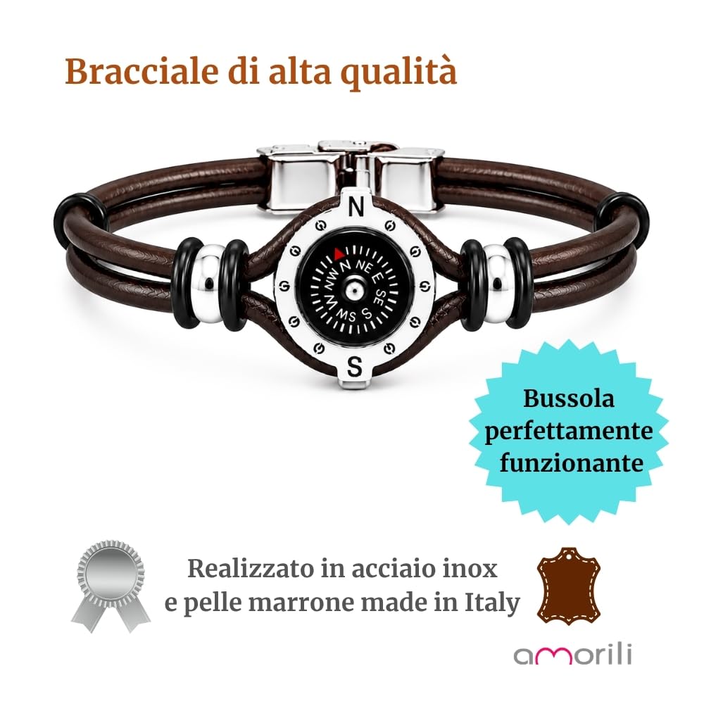 Bracciale Uomo con Bussola Ancora in Acciaio Inox e Pelle – Simbolo Nautico Marino – Idea Regalo Mare Estate – Braccialetto Elegante