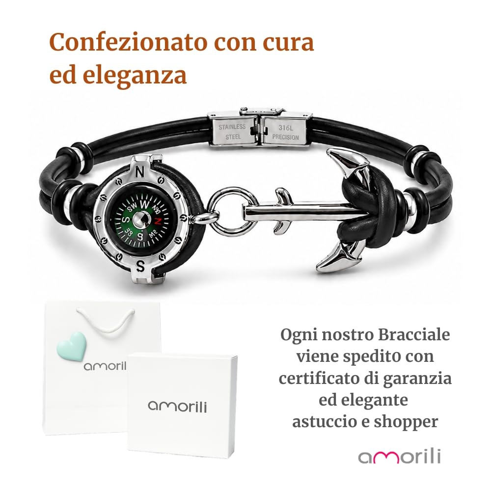 Bracciale Uomo con Bussola Ancora in Acciaio Inox e Pelle – Simbolo Nautico Marino – Idea Regalo Mare Estate – Braccialetto Elegante