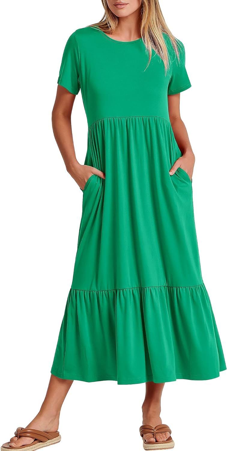 Maxi abito da spiaggia a strati fluente da donna - Abito estivo casual a maniche corte con tasche 2024 moda
